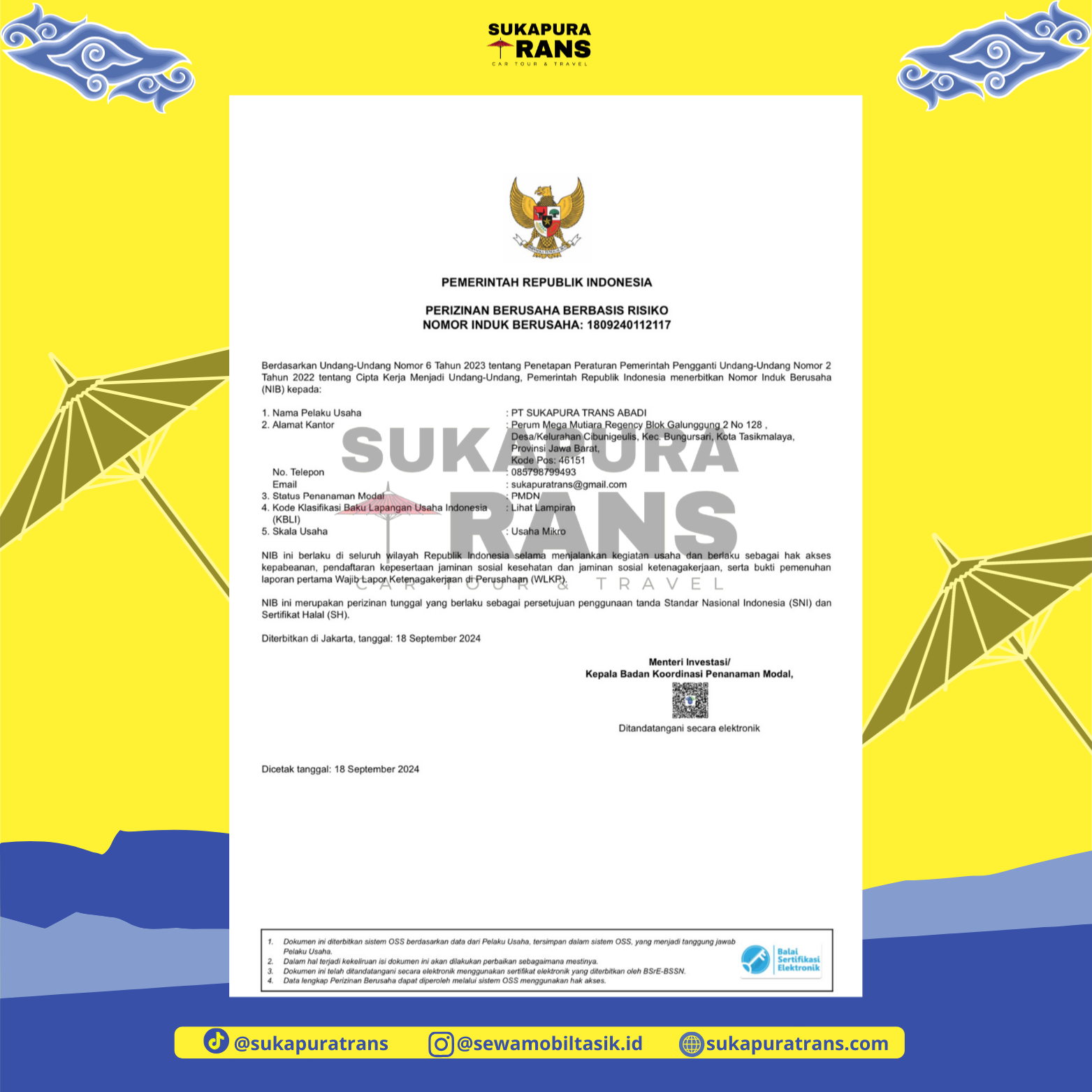 Perizinan sewa mobil sukapura trans